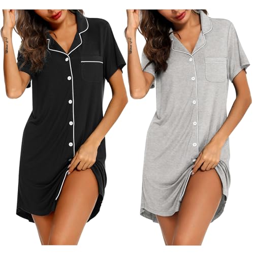 Image of Samring 2 Pack Nightgowns for Women Short Sleeve Sleepwear Button Down Nightshirts Sleep Shirts Boyfriend Pajama Dress