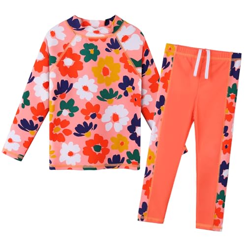 Image of Girls Two Piece Swimsuit Long Sleeve Floral Bathing Suit UPF 50+ Summer Beach Swimwear