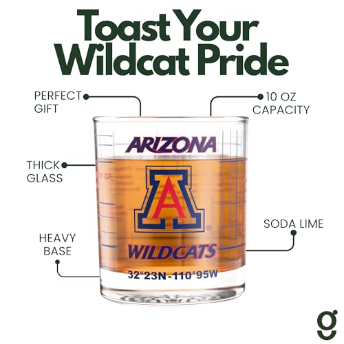 Image of Greenline Goods University of Arizona Wildcats Whiskey Glasses Set of 2, 10 oz Rocks Glasses with Full-Color Logo & Campus Map - Officially Licensed Bourbon Glass Gift for Alumni & Fans
