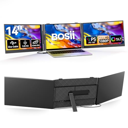 Image of BOSII Laptop Screen Extender One Cable - Triple 14 inch Ultra Thin IPS FHD 1080P Portable Monitor for 13.3 inch-17 inch Laptops Compatible with Windows Mac Travel Work