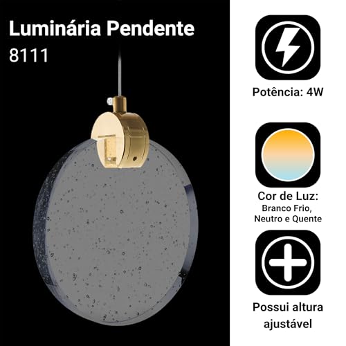 Luminária Pendente Disco Cristal C/Bolhas Dourado Led 8111