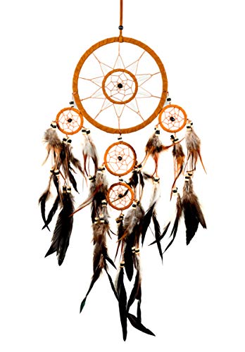 OMA Dream Catcher – Brown Suede Dreamcatcher with Feathers & Beads | Handcrafted Traditonal Style | 28″ Long x 8″ Diameter | Bedroom Decor and Gift