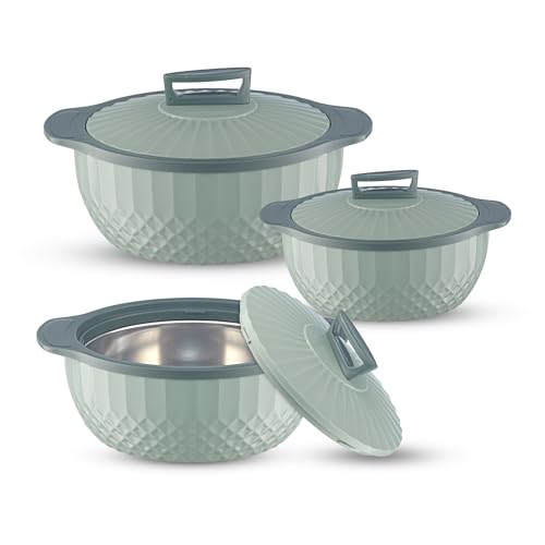 Image of Trueware Eternity Inner Steel Insulated 750, 1000 & 1500 ML Thermoware Casserole Set of 3 | BPA Free | Odour Proof | Food Grade | Easy to Carry | Serving | Curd Maker | Hot Pot (Green)