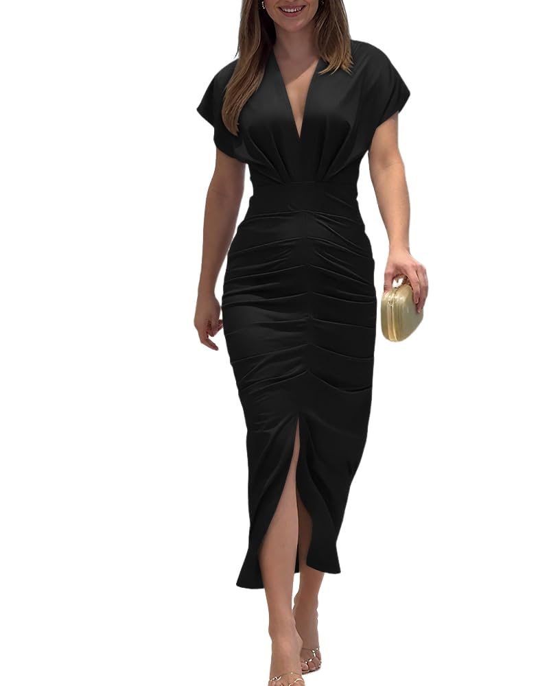 Dresses for Women Floral Plunge V Neck Ruched Midi Dress