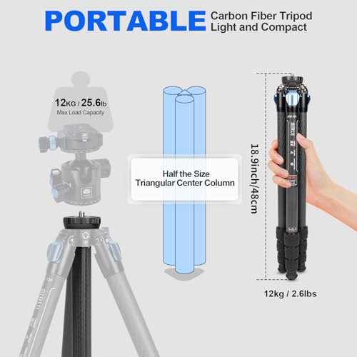 Image of SIRUI AM-124 Carbon Fiber Tripod for Camera with AM-01 360 Panorama Ball Head, 65.6 inch Compact Lightweight Travel Tripod, Triangular Center Column, QR Plate, Waterproof Twist Lock, Load 26.5lbs