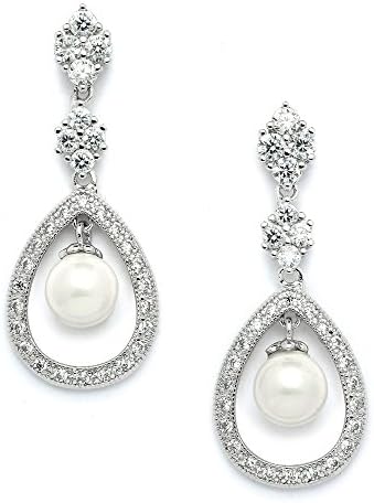 Mariell CZ and Glass Pearl Drop Clip On Vintage Wedding Dangle Earrings - Art Deco Clip Earring for Bride