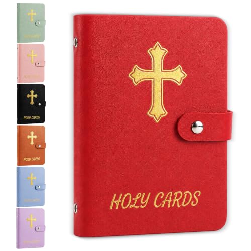 JQRSDSY Faux Leather Holy Card Holder Pocket Prayer Cards Organizer with Hold to 50 Cards Holy Bag with Snap Closure Holy Bag Organizer for Religious Prayer (Red)