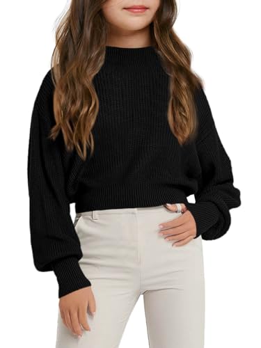 Image of Haloumoning Girls Knit Pullover Sweaters Mock Neck Long Lantern Sleeve Jumper Tops 5-14 Years Black