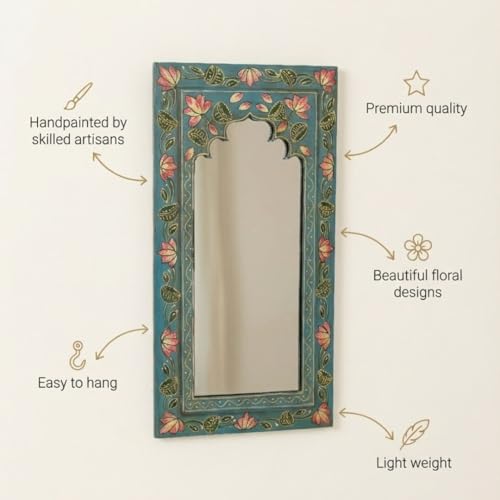 Image of Midnight Blue Handpainted Wooden Mirror | Handcrafted Arch Design with Floral Motifs | Rajasthani Traditional Jharokha Style Mirror | Framed Wall Hanging for Home, Bedroom |18x9.5 Inch