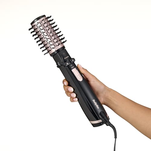 BaByliss Dry, Straighten and Style - Rotierende Warmluftbürste, 1000W Ionen Rundbürstenföhn mit 4 Aufsätzen zum Föhnen, Glätten, Volumen kreieren, Schwarz, AS200E