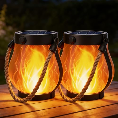 2pcs Solarlaternen Für Draußen Solar Laterne Tanzende Flammen LED Tragbares Rund Stehend Solarlaterne zum Aufhängen aus Hanfseil dekorative Laternen mit Ein-Tasten-Schalter für Terrasse Garten