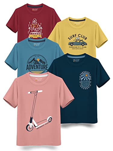 Image of HELLCAT Boys Round Neck Printed Blended Cotton Tshirt -Combo Pack of 2 - Orange /Blue