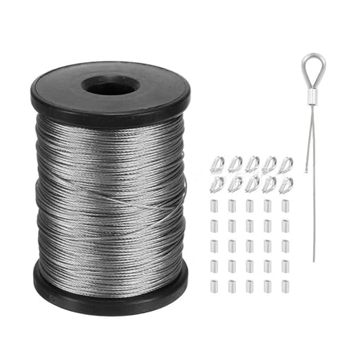 1/25 inch Wire Rope, 304 Stainless Steel Wire Rope with 25Pcs Aluminum Sleeve +10Pcs Heart-Shaped Ring for Hanging Decor, Clothes Line Wires, Lighting Fixture Hoisting