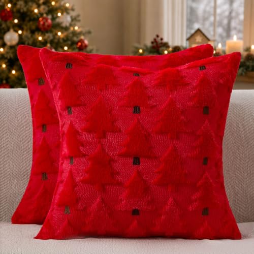 Image of Allorry Christmas Pillow Covers 18x18 inch Set of 2 Christmas Decorations Soft Plush Faux Fur Wool Red Christmas Tree Throw Pillow Cases Winter Holiday Decor for Sofa Living Room PT012Q18