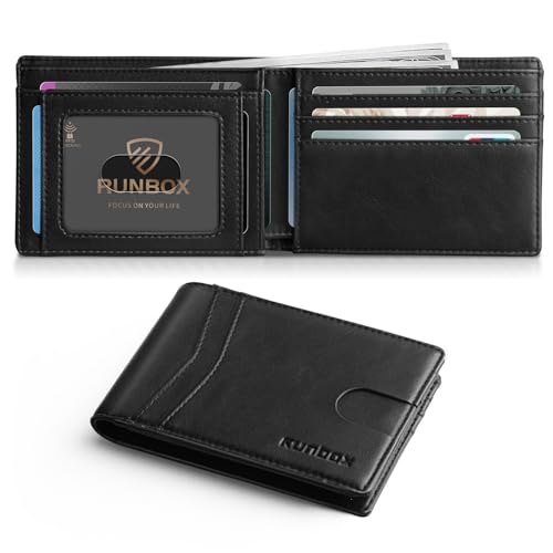 Image of RUNBOX Wallet for Men Slim Leather Bifold RFID Blocking Minimalist Front Pocket Design with Gift Box | Minimalist Front Pocket Design, Holds 8 Cards, RFID Protection, Gifts for Men on Birthdays, Father's Day, and Christmas