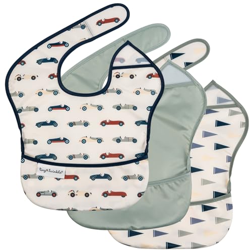 Tiny Twinkle Mess-Proof Baby Bibs for Eating | Waterproof, Wipeable Toddler Bibs with Catch-All Pocket | Feeding Bibs for Girls &amp; Boys(3 Pack,Vintage Cars,Varsity Flags)
