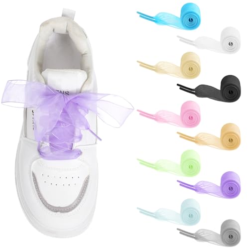 Nogeqi 10 pares de cordones de satén planos de organza coloridos, cordones anchos de repuesto para niños y mujeres, cordones anchos de satén planos para zapatos deportivos (10 colores, 120 cm)