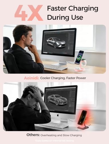 Image of Aeinidi 2026 3 in 1 Wireless Charging Station Compatible with MagSafe, 15W Fast Magnetic Mag-Safe Charger Stand for Apple iPhone 17 16 15 14 13 12 iWatch AirPods Pro 4 3 2, Pink