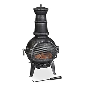 Relaxdays Terrasoven, kachel met pookhaak, gietijzer, vonkbescherming, voor tuin, h x b x d: 86 x 46 x 38 cm, zilver