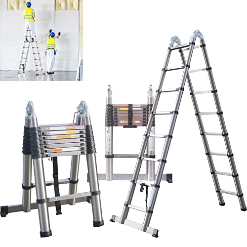 Multifunctional Foldable Telescopic Herringbone Ladder - A-Shaped & Straight, Heavy Duty Anti-Tilt Stainless Steel, 16 Steps Fully Extended to 5M/16.5FT
