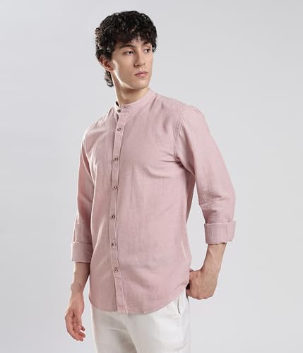 Image of TURMS Men's Casual Solid Linen Shirt | Water Repellent | Anti Stain Anti Odor | Kansas Linen | Mandarin Collar | Full Sleeves