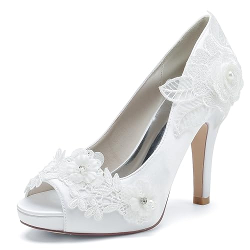 Roimaash Elegant Flower Wedding Pumps Platform Peep Toe Embroidery Lace