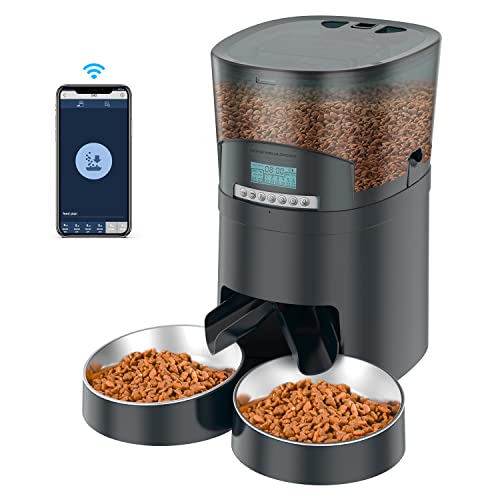 honeyguaridan Futterautomat Katze App Gesteuert mit 2 Näpfe, 6.5L Katzen Futterautomaten mit Timer, 0-48 Portionskontrolle, 10s Sprachaufzeichnung - WLAN Futterautomat bis zu 6 Mahlzeiten am Tag