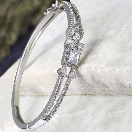 Image of ZENEME Rhodium-Plated American Diamond Studded Flower Patterned Kada Bracelet For Girls and Women