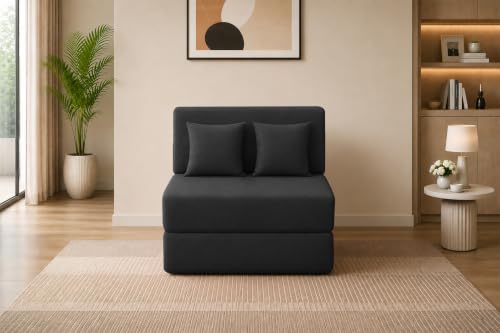 Image of Los Angeles Foldable One Seater Sofa Cum Bed, Sofa Bed 3 X 6 Ft Jute Fabric Washable Cover Including Cushion Perfect for Living Room & Office Guest Room - Black