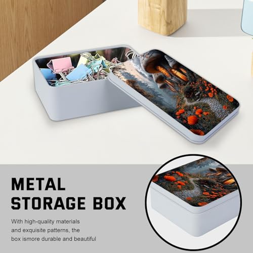 Image of Metal Tin Box with Lid,Multi-functional Storage Large Box Can Store Tea Biscuits Game Cards, Playing & Tarot Cards-Comes with 4 Magnetic Cord Clips,Mushroom Houses in Forest