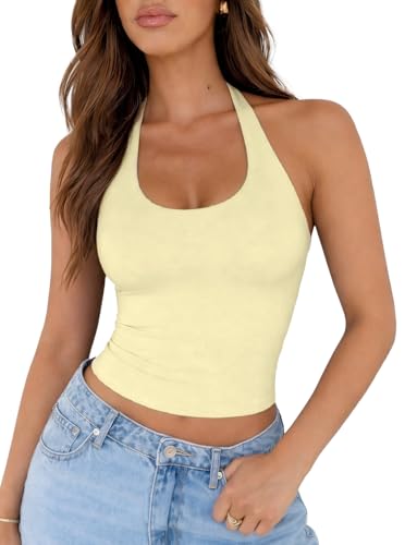 ForeFair Women Sexy Halter Neck Backless Going Out Tops Open Back Sleeveless Slim Fit Y2k Summer Tops(Light Yellow,S)