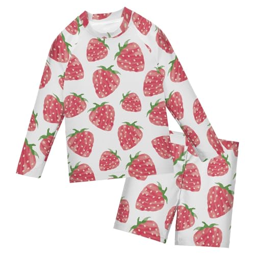 Aflyko Kids' Bathing Suit Set Watercolor Pinks Sweet Strawberry Long Sleeve Swim Tops with Shorts Summer Vacation Pool Party Rashguard Fun Cute Toddler Infant Beachwear, 4T