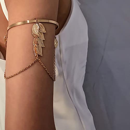 Bracelete de braço fino ajustável com abertura boêmia pingente de folha superior do braço acessórios