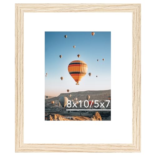Image of JCJMY 8x10 Picture Frame with 5x7 Mat for Wall Hanging or Tabletop, Display Photo 5x7 with Mat or 8x10 without Mat, 8 by 10 Wall Gallery Poster Photo Frame with Shatter Resistant Plexiglass, Natural