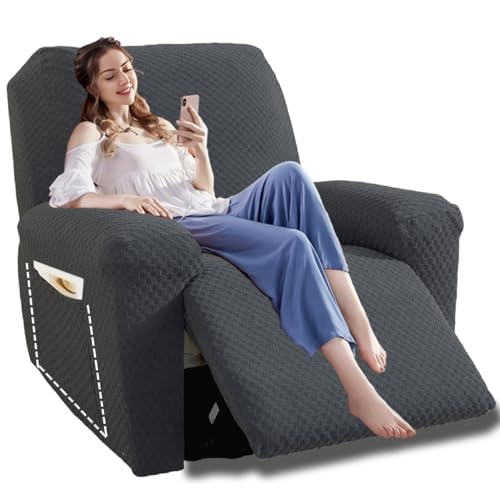 Image of YEMYHOM 4 Pieces Oversized Stretch Recliner Slipcover Jacquard Large Recliner Chair Cover with Side Pocket Anti-Slip Fitted Furniture Protector with Elastic Bottom (X-Large Recliner, Dark Gray)