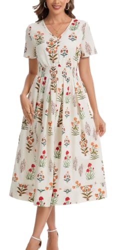 Image of Kormei Women Casual Boho V Neck 3 /4 Sleeve Smocked Waist A Line Flowy Swing Midi Dress Smocked Long Dress