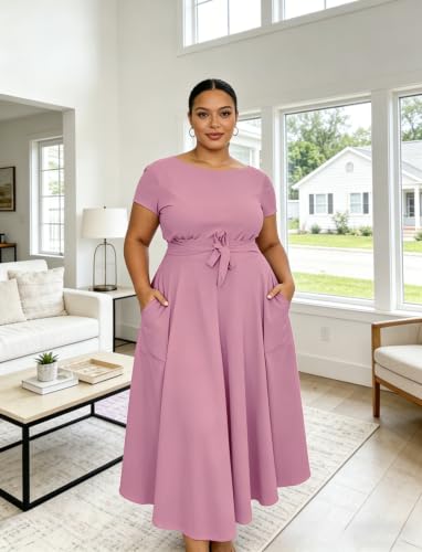 Image of Hostoyo Women Plus Size Formal A Line Maxi Dress Self Tie Waist with Pockets Elegant Round Neck Swing Long Dresses