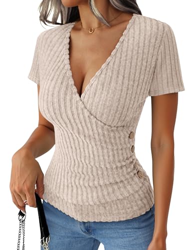 ANRABESS Womens Tops Short Sleeve V Neck Sexy Ribbed Knit Slim Fit Lightweight Sweater 2026 Summer Dressy Casual T-Shirts Small