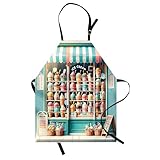 Ambesonne Ice Cream Apron, Retro Dessert Shop Illustration with Pastel Tones Vintage Streets, Unisex Kitchen Bib with Adjustable Neck for Cooking Gardening, Adult Size, Seafoam Blush Multicolor