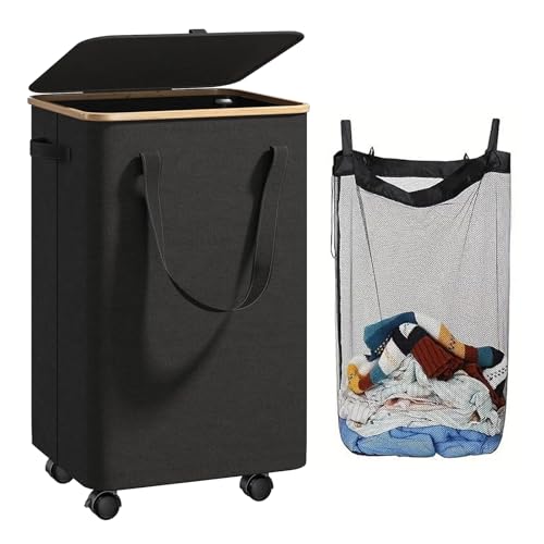 ABCORPHIC Cesto Ropa Sucia, cesta ropa sucia con una funda extraíble de tejido Oxford impermeable, estructura de bambú y cuatro ruedas maniobrables,Ideal para apartamentos, residencias de estudiantes