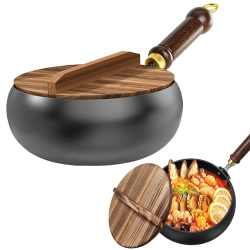 MeYuxg Padella in Ferro Forgiato con Coperchio in Legno, Padella Antiaderente Forgiata a Mano, 24CM Antiaderente e Non Rivestita Padellas Ghisa, Universale per Fornelli a Induzione e a Gas