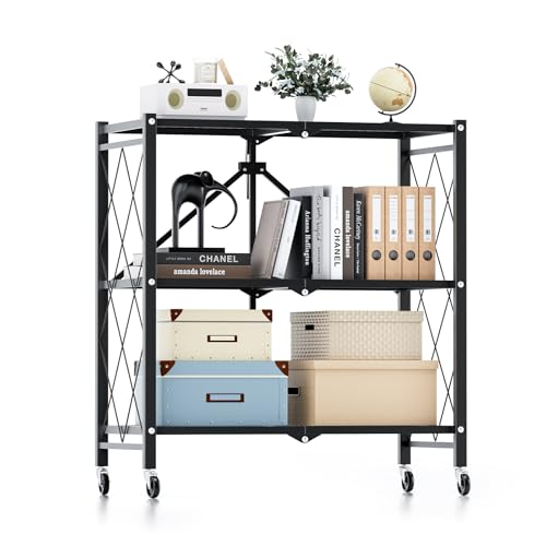 Image of Simple Deluxe 3-Tier Folding Storage Shelves, 27.95 inch W x 14.96 inch D x 34.25 inch H Foldable Shelving Unit, 750 Lbs Loading Capacity, Black