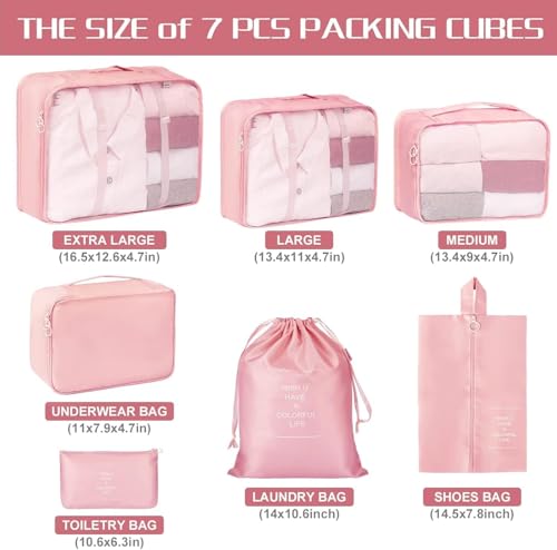 Image of 7 Pcs Travel Organizer Bag Set for Luggage | Waterproof Packing Cubes for Clothes, Shoes & Toiletries | Foldable Travel Storage Bags for Men & Women | Black Travel Pouch Set (PINK)