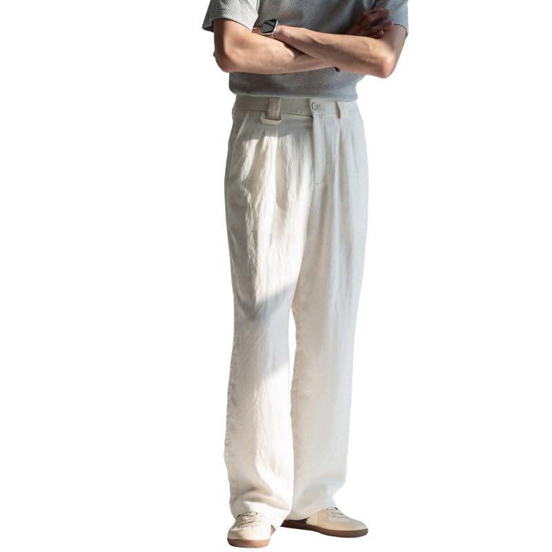 marivoné Men's Linen Lyocell Pleated Trousers Semi Elastic Waist Breathable Suit Pants-picture-10