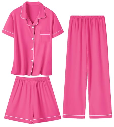 Girls 3 Piece Pajamas Silky Pajama Set Stain PJs Sleepwear for Kids, 5-14 Years