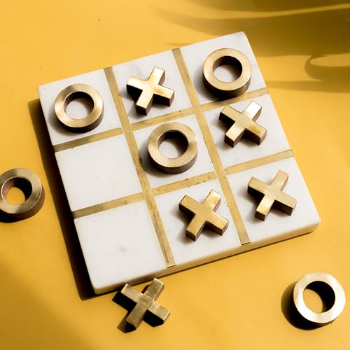 Image of Manor House Marble & Brass Tic Tac Toe Game Set | Natural Stone Board | Decorative Tabletop Strategy Game | Gift for Kids & Adults | Home Decor Accent | 6 Inch | Coffee Table Game