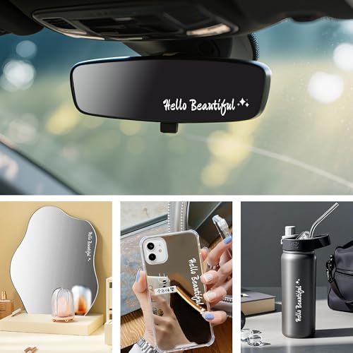 Image of 3pcs Hello Beautiful Mirror Decal Durable Rear View Mirror Sticker | Waterproof Vinyl Car Stickers, Car Decals For Women Funny Window Bumper Stickers Cars Decor