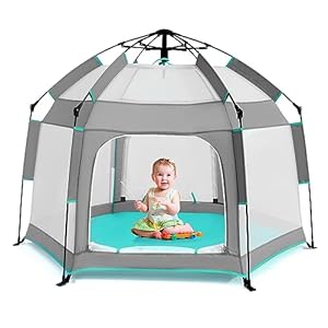 Baby Playpen with Canopy, Portable Baby Beach Tent, Toddler Play Yard Indoor and Outdoor, Foldable Mosquito Net for Infant – Grey