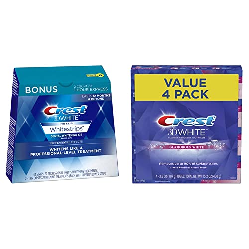 Crest 3D White Professional Effects Whitestrips 20 Treatments + Crest 3D White 1 Hour Express Whitestrips 2 Treatments & 3D Glamorous White Toothpaste (Pack of 4)