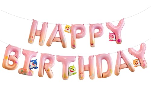Image of PartyWoo Baby Shark Pink Happy Birthday Banner Letter Balloons 16 Inch Pink Mylar Foil Letter Balloons for Girls and Boys Baby Shark Under the Sea Ocean Theme Kids Birthday Party Decorations